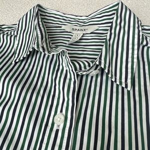SPANX Striped Button Down Shirt - Green and White